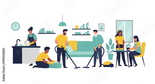 Diverse People Teamwork: Home Cleaning & Household Chores in a Modern Flat Illustration