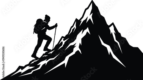 Silhouette hiker climbing rugged mountain peak, mountaineering adventure journey, outdoor trekking expedition success, alpine summit challenge, black vector illustration isolated