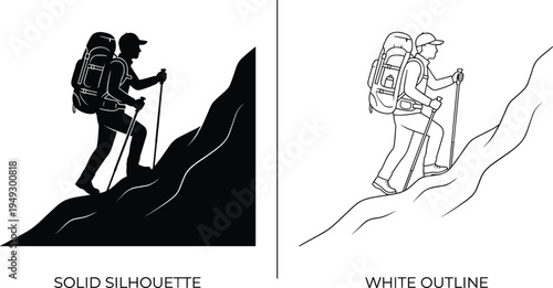 Hiker climbing mountain illustration set, solid silhouette and outline style backpack trekker walking uphill, outdoor adventure hiking conceptHiker climbing mountain illustration set, solid silhouette