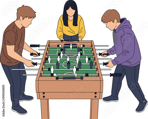 Friends playing table football illustration featuring young people enjoying foosball game in office breakroom or home recreation area isolated on white background.
