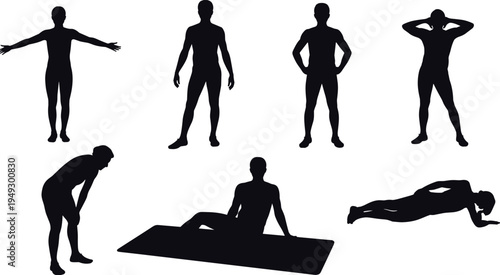 Black silhouettes of people in various fitness poses including stretching, planking, resting, and standing postures isolated on white background for health and wellness design concepts