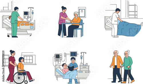 Hospital care illustrations set featuring nurses helping elderly patients, medical staff in wards, wheelchair assistance, and senior couple walking with canes, isolated.