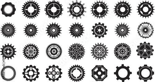 Black gear icons vector illustration, industrial mechanical components collection, cogwheel design variations set, engineering machine parts concept, physics mechanics symbol, abstract gear 