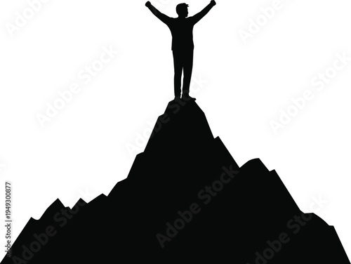 Silhouette of a successful man standing on mountain peak with raised arms celebrating achievement goal victory and leadership against a clean white background