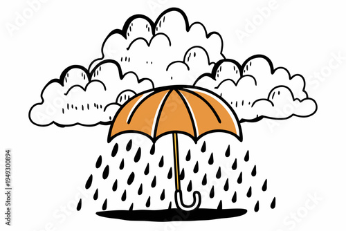 A vibrant orange umbrella stands open, providing shelter from the falling rain beneath a whimsical hand-drawn cloud vector illustration.