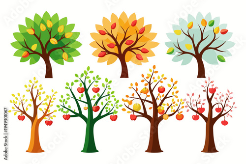 Delightful vector illustration featuring a diverse collection of trees, showcasing seasonal changes and various types of ripe fruits.