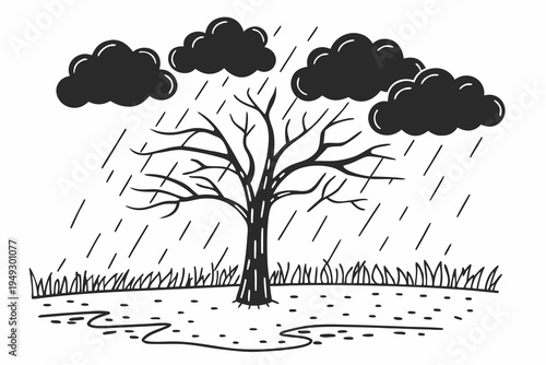 A stark vector illustration depicts a bare tree enduring a heavy rain shower under dark, ominous clouds, emphasizing the mood of a stormy season.