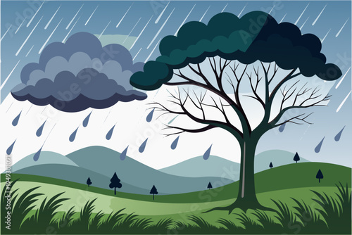 A vector graphic illustration depicting a rainy day with a bare tree under a dark cloud in a hilly landscape design