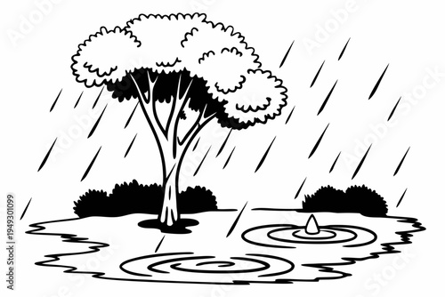 Black and white vector illustration of a tree standing in a rainy landscape with water puddles and raindrops falling