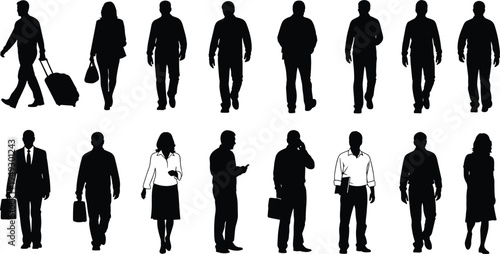 Set of walking people silhouettes including business travelers with luggage and commuters with briefcases for urban architectural vector visualization scenes