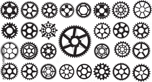 WebBlack gear icons vector illustration, mechanical components collection with solid and outlined designs, industrial cogwheel system concept, engineering machine parts, physics motion transfer symbol