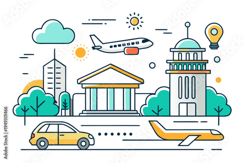 Dynamic vector illustration depicting modern urban infrastructure, diverse transportation options, and global travel connections in a stylized graphic design