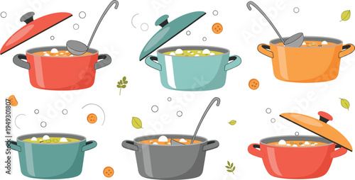 Cooking pots with soup vector illustration set, colorful kitchen cookware with ladle and ingredients, homemade food preparation concept for culinary design