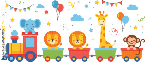 Cute cartoon animal train vector illustration with elephant, lions, giraffe and monkey in colorful circus train, kids nursery design, playful birthday theme