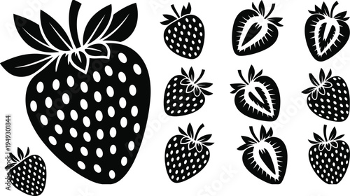Black and white of various strawberries with different patterns and shapes dots