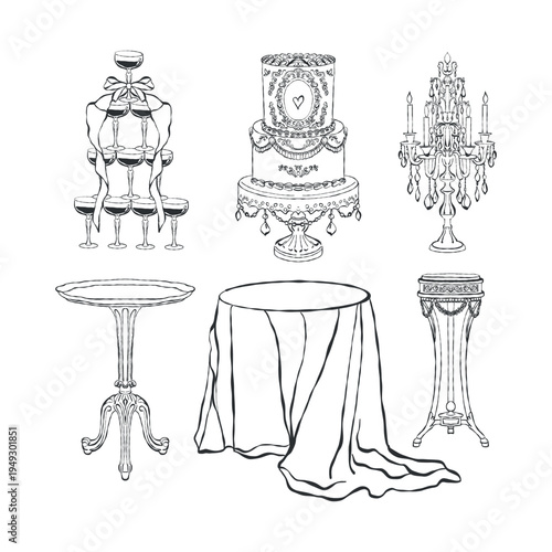 A set of clipart for a vintage romantic dinner. Different types of classic tables, a tablecloth, a candelabra with candles, a tower of glasses, a multi-tiered cake. Hand-drawn doodle style. Vector