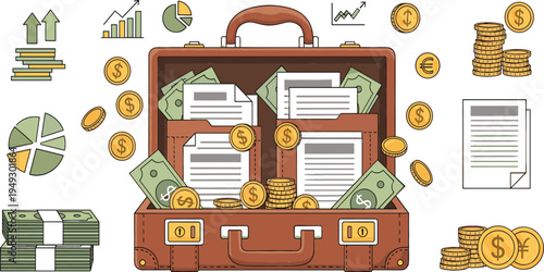 Business briefcase full of money and financial documents vector illustration with coins, cash, charts and investment growth concept design