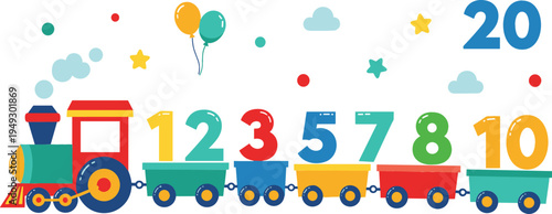 Colorful numbers train vector illustration for kids learning counting, cartoon locomotive with number wagons, educational nursery design for preschool math learning