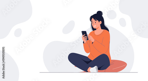Young woman sitting cross-legged on cushion, using smartphone, relaxed lifestyle, illustration