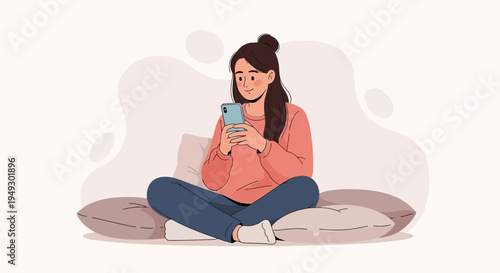 Young Woman Relaxing with Smartphone, Sitting Cross-legged on Cushions