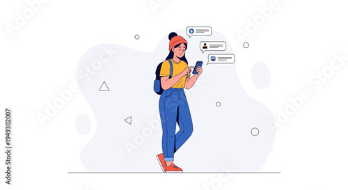 Young Woman Texting on Smartphone with Social Media Notifications