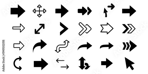 Arrows big black set icons. Arrow icon. Arrow vector collection. Arrow. Cursor. Modern simple arrows. Vector illustration. 
