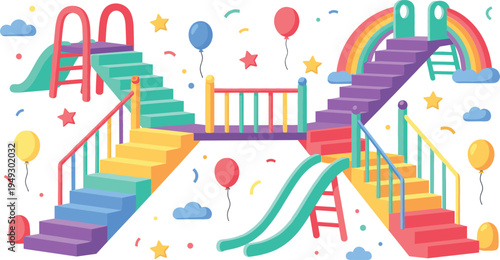 Colorful playground slides and stairs vector illustration with rainbow theme, cartoon kids park equipment, playful nursery design for children recreation background