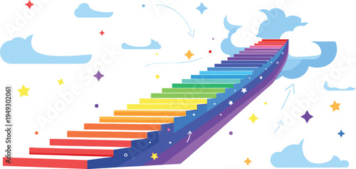 Rainbow staircase path to sky vector illustration with clouds and arrows, colorful success journey concept, business growth, motivation, goal achievement infographic design