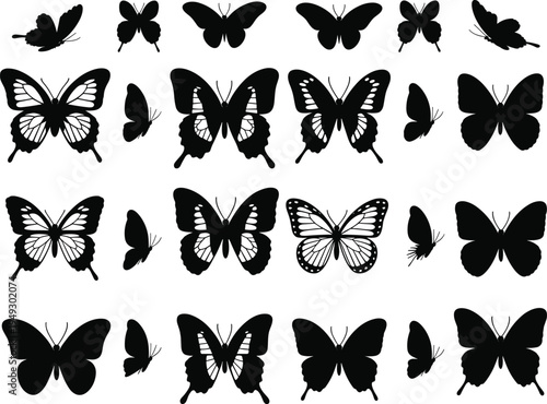 Collection of black and white butterfly silhouettes in various sizes and orientations on a white background