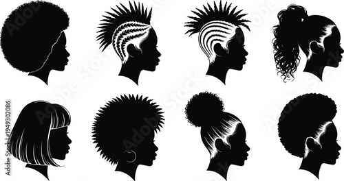Eight black and white silhouettes of women with various hairstyles in profile view