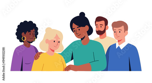 Diverse Community Demonstrating Support, Empathy, and Friendship in Flat Illustration