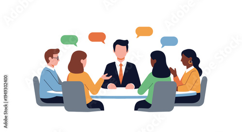 Diverse Business Team Meeting with Speech Bubbles for Discussion and Collaboration - Flat Illustration