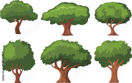 Six Different Types of Green Leafy Trees with Brown Trunks on White Background