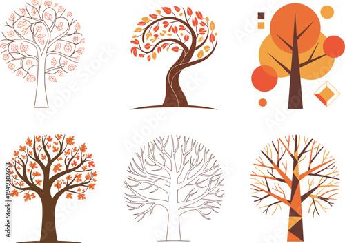 Six stylized autumn trees with different artistic and colors on a white background leaves orange brown