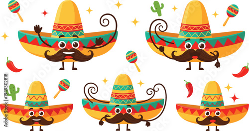 Cute cartoon Mexican sombrero characters with mustache vector illustration set, festive Cinco de Mayo theme with maracas, chili peppers and cactus