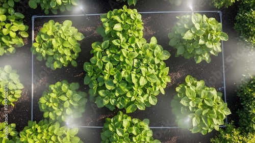 Aerial view of green lettuce plants.