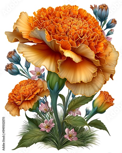 Vibrant marigold flower botanical illustration on white high resolution picture
