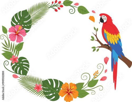 Tropical floral wreath with colorful macaw parrot vector illustration, exotic jungle leaves and flowers frame, summer nature decorative border design