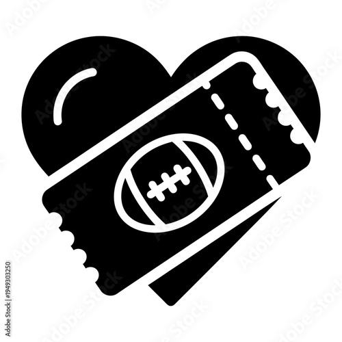 American football tickets icon with heart shape for sports fan passion, game day event booking, and athletic competition loyalty.