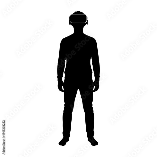 Black silhouette of a person wearing a VR headset for immersive gaming, virtual reality experiences, and metaverse exploration