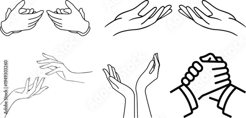 Minimal prayer hands and finger heart gesture line icons collection representing love, gratitude, hope, spirituality and positive emotions in modern outline style.