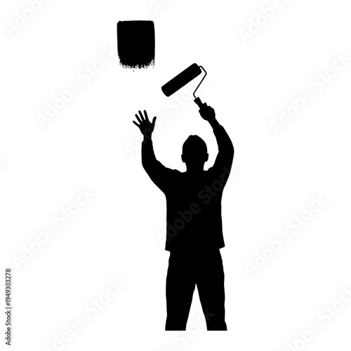 Black silhouette of a male painter using a roller to apply paint on a wall, representing home renovation, DIY improvement, and creative change.