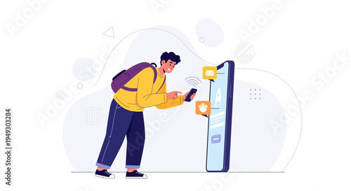 Young man with backpack using smartphone, interacting with mobile app notifications