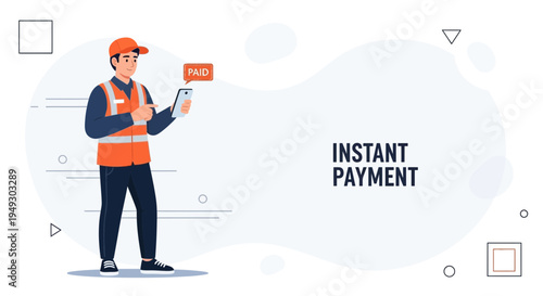 Delivery man with tablet showing 'PAID' notification, instant payment concept