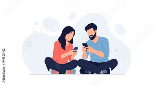 Couple sitting cross-legged, looking at smartphones, modern flat illustration