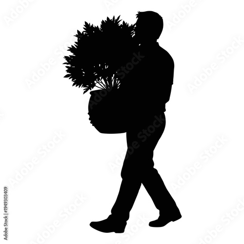 Silhouette of a man carrying a large potted plant for gardening, landscaping, and home improvement projects.