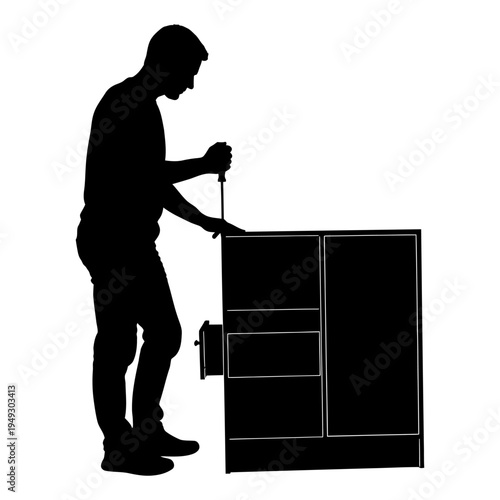 Silhouette of a handyman or homeowner assembling a cabinet with a screwdriver, representing DIY home improvement, furniture repair, and manual craftsmanship.