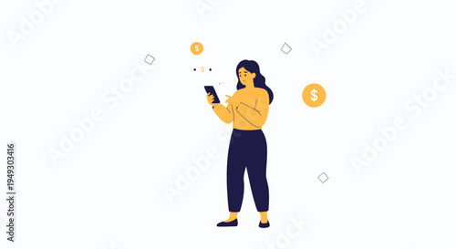Woman using smartphone with floating dollar coins and geometric shapes