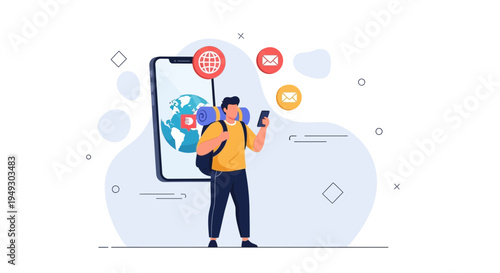 Traveler with smartphone and globe on screen, communication icons, digital nomad concept