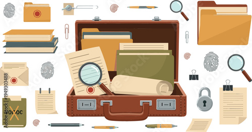 Detective investigation briefcase vector illustration with magnifying glass, documents, fingerprints and evidence files, crime investigation forensic tools concept
